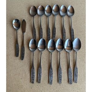 LOT of 14 Interpur INR28 Stainless Flatware Embossed Roses Dinner SPOONS BUTTER